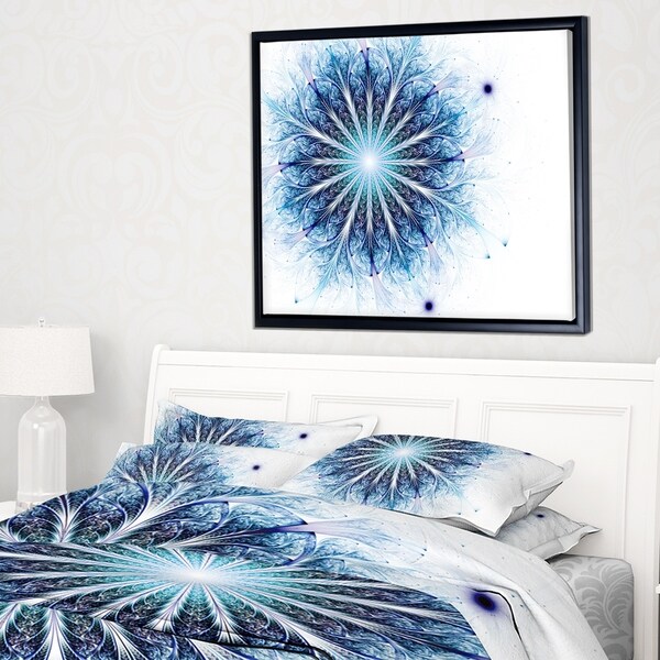 Designart 'Fractal Flower Light Blue Digital Art' Large Flower Framed Canvas Wall Art