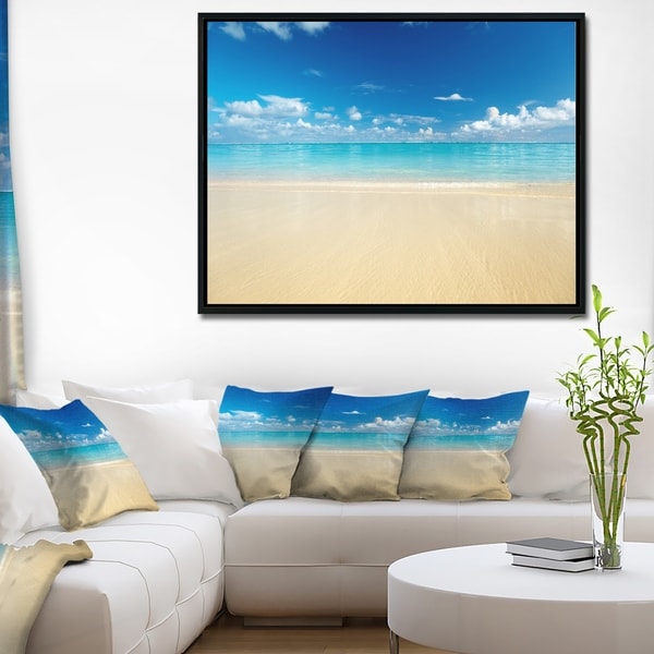 Designart 'Sand of Beach in Calm Caribbean Shore' Modern Seascape Framed Canvas Artwork