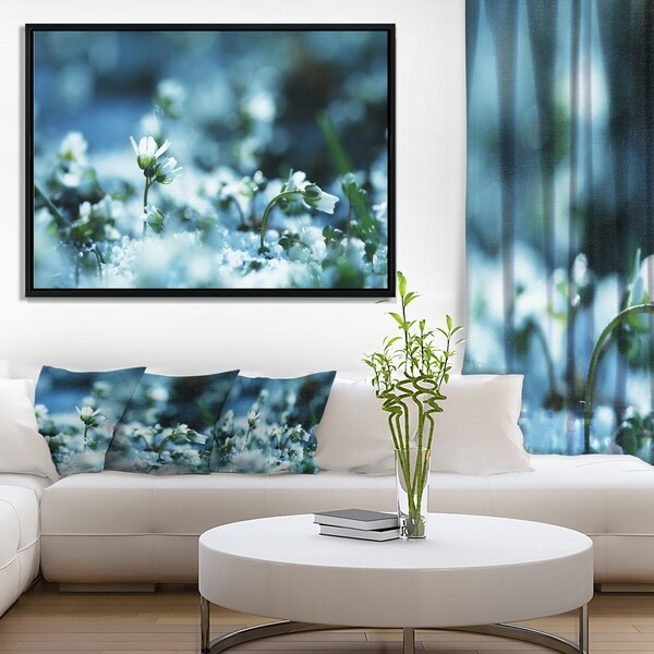 Designart 'White Flowers on Blue Background' Floral Framed Canvas Art Print