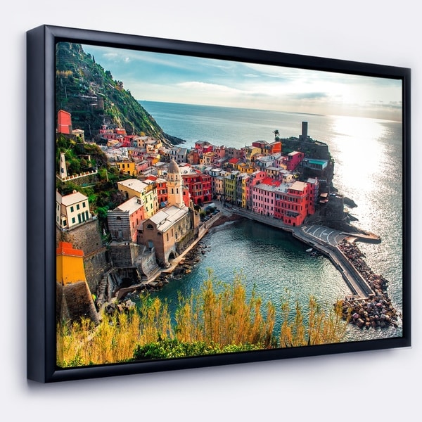 Designart 'Vernazza Bay Aerial View' Large Seascape Art Framed Canvas Print