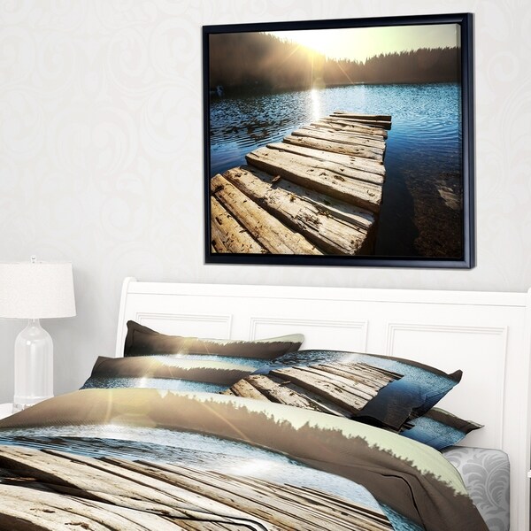 Designart 'Large Wooden Pier into the Lake' Seashore Framed Canvas Art Print