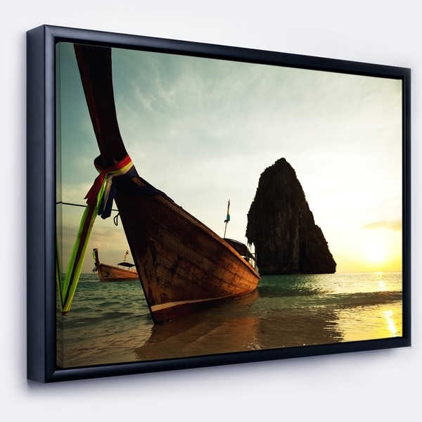 Designart 'Tropical Beach with Huge Boat' Seashore Framed Canvas Art Print