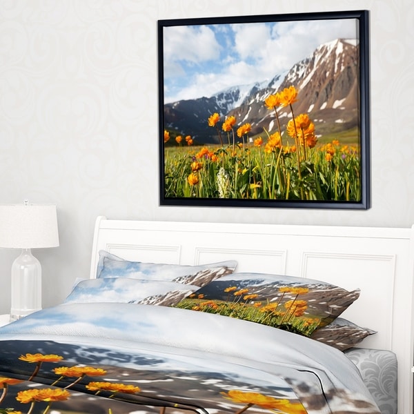 Designart 'Mountain Meadow with Yellow Flowers' Large Flower Framed Canvas Art Print