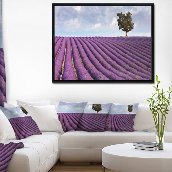 Designart 'Lone Tree in Provence Lavender Field' Landscape Framed Canvas Wall Art