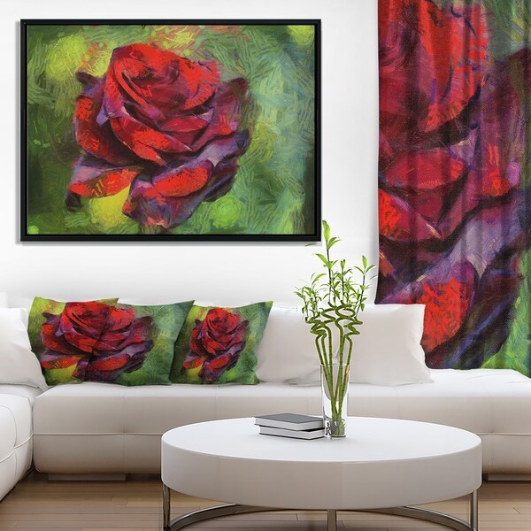 Designart 'Red Rose Illustration on Green' Floral Framed Canvas Art Print