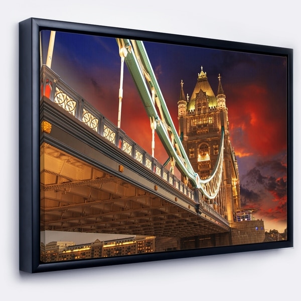 Designart 'Famous Tower Bridge at Night' Modern Cityscape Framed Canvas Art Print