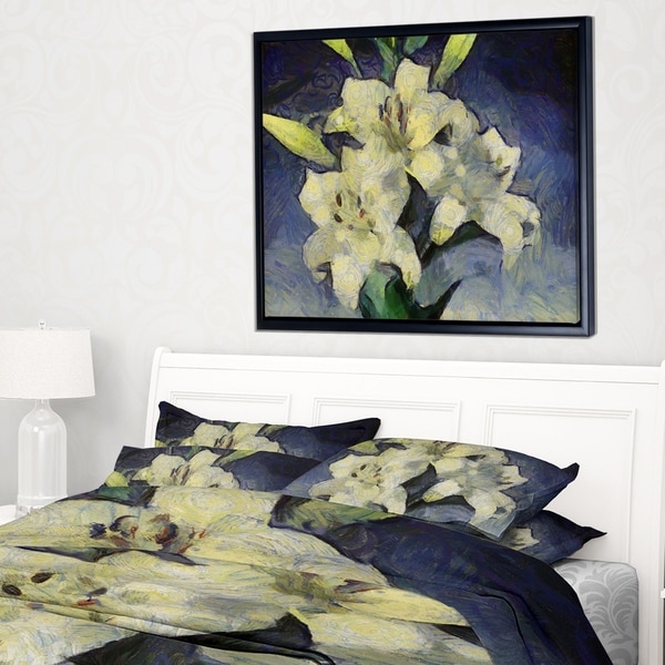 Designart 'White Lilies on Blue Watercolor' Floral Framed Canvas Art Print