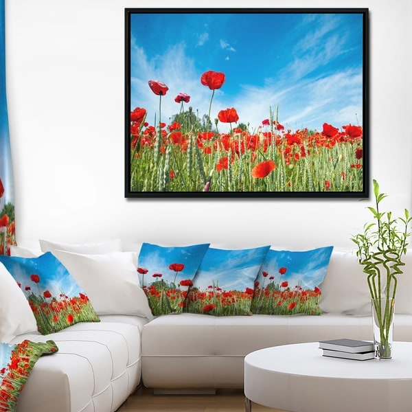 Designart 'Red Poppy Garden under Clear Sky' Floral Framed Canvas Art Print