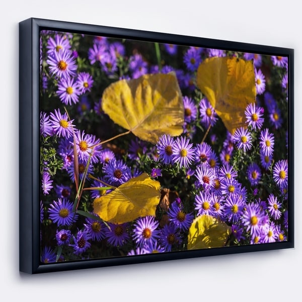 Designart 'Little Purple Flowers and Yellow Leaves' Floral Framed Canvas Art Print