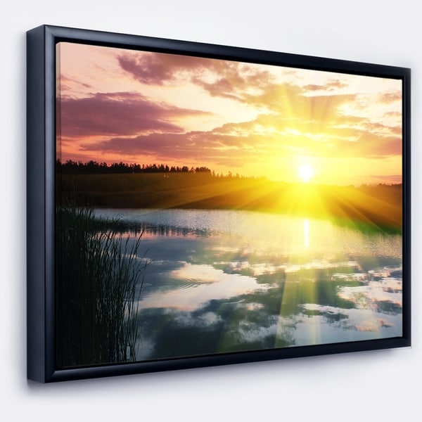 Designart 'Bright Yellow Sunrise over Lake' Large Seashore Framed Canvas Print