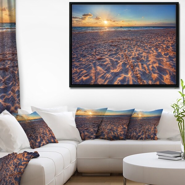 Designart 'Trodden Sandy Beach at Sunset' Seashore Framed Canvas Art Print