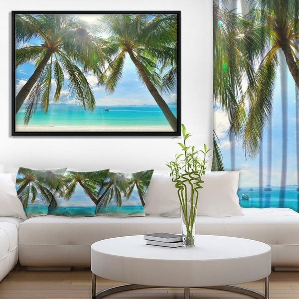 Designart 'Palm Hanging over Sandy White Beach' Seashore Photo Framed Canvas Art Print