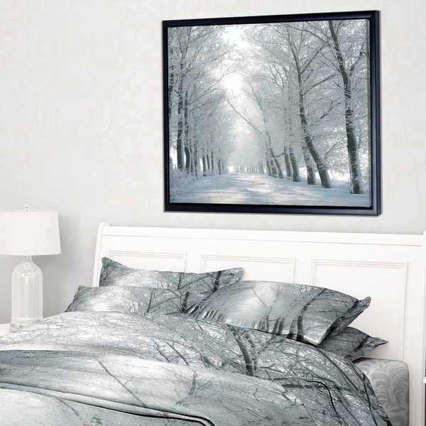 Designart 'Winter Road Backlit my Morning Sun' Forest Framed Canvas Art Print
