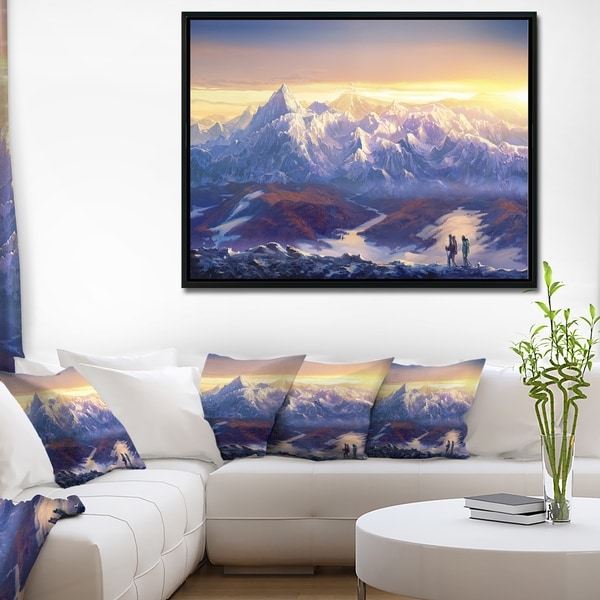 Designart 'Winter Mountains with Tourists' Landscape Framed Canvas Wall Art