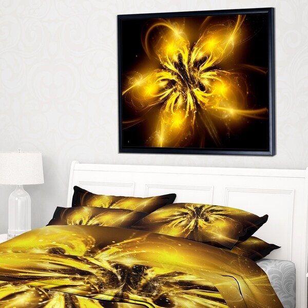 Designart 'Shiny Gold Fractal Flower on Black' Floral Framed Canvas Art Print