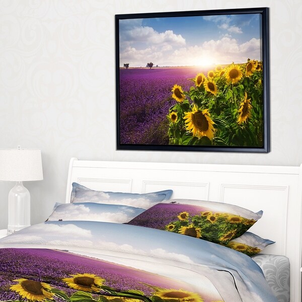 Designart 'Lavender and Sunflower Fields' Floral Framed Canvas Art Print