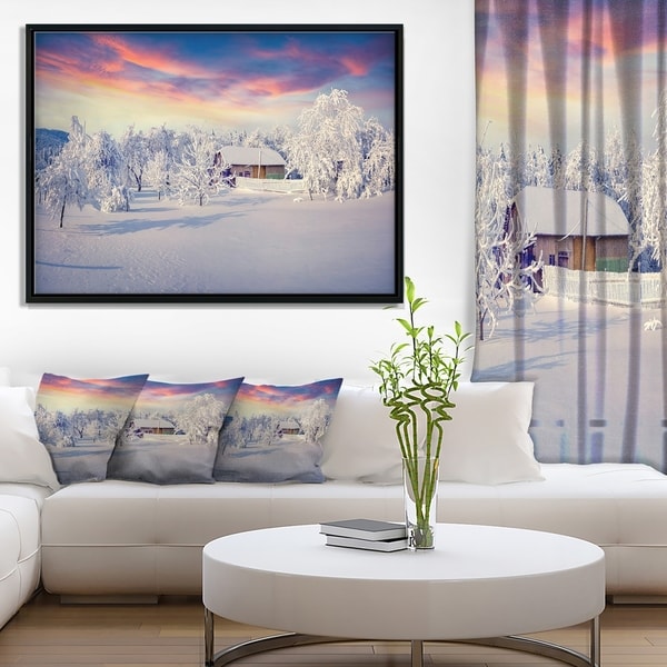 Designart 'Snowfall Covering Trees and Houses' Large Landscape Framed Canvas Art Print