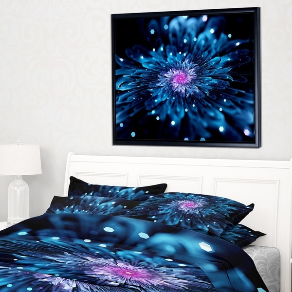 Designart 'Blue Fractal Flower with Shiny Particles' Flower Artwork on Framed Canvas