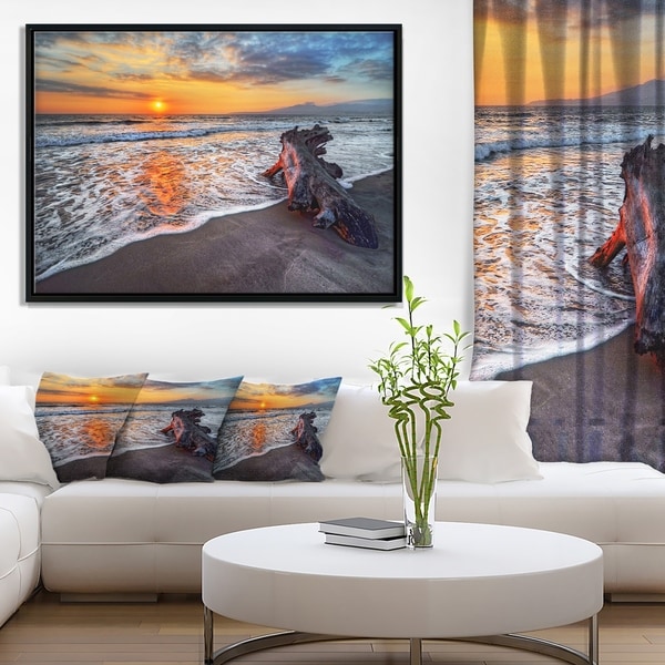 Designart 'Fantastic Sandy Shore at Sunset' Seashore Framed Canvas Art Print