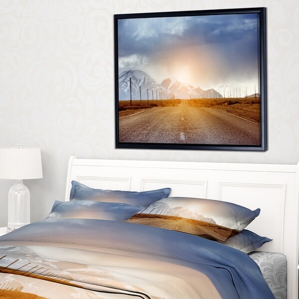 Designart 'Straight Road under Blue Sky' Large Landscape Framed Canvas Art