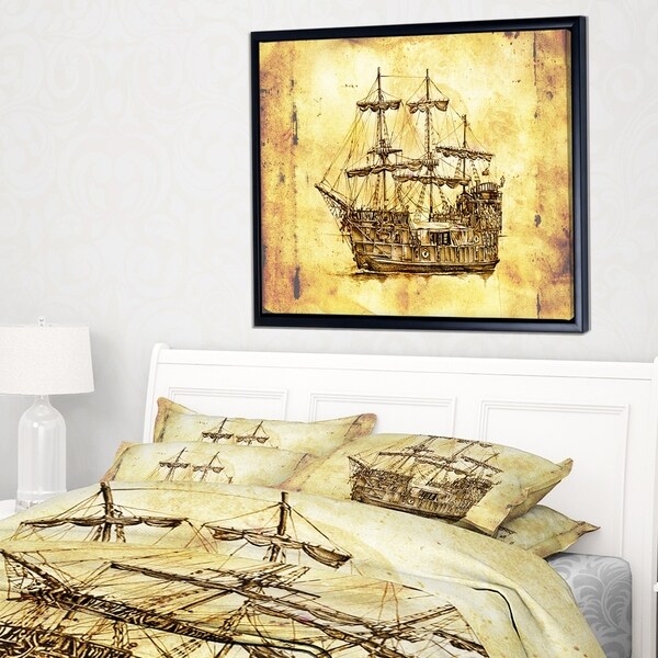 Designart 'Old Travelling Boat Drawing' Seashore Wall Art on Framed Canvas