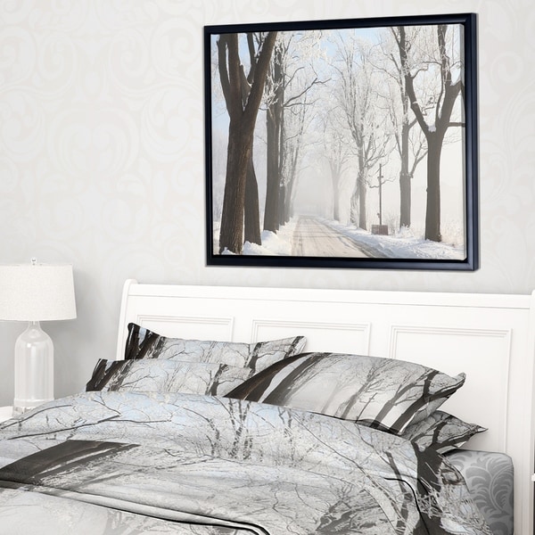Designart 'Misty Rural Road in Winter Forest' Large Forest Framed Canvas Art Print