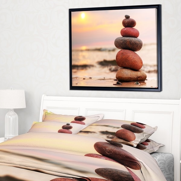 Designart 'Stones Pyramid on Sand Symbolizing Zen' Landscape Framed Canvas Art Print