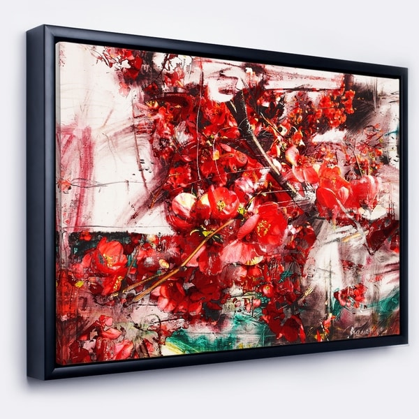Designart 'Red Flowers Texture Watercolor' Large Abstract Framed Canvas Artwork
