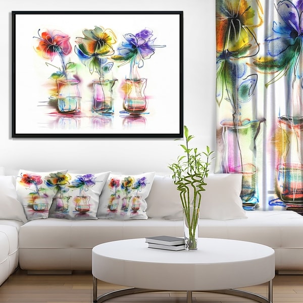 Designart 'Abstract Flowers in Glass Vases' Extra Large Floral Framed Canvas Art