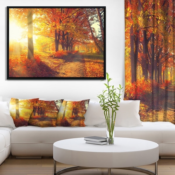 Designart 'Autumnal Trees in Sunrays' Large Landscape Framed Canvas Art Print