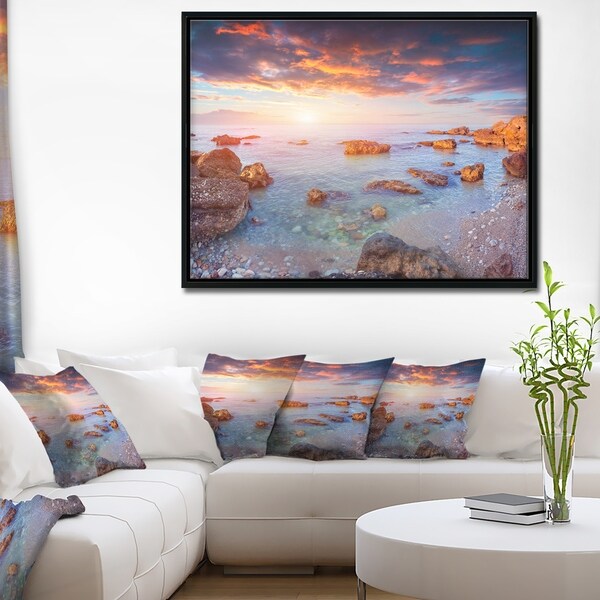 Designart 'Sunrise on South Coast of Sicily' Seashore Photo Framed Canvas Art Print