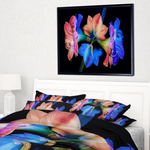 Designart 'Abstract Blue Red Flower on Black' Extra Large Floral Framed Canvas Art