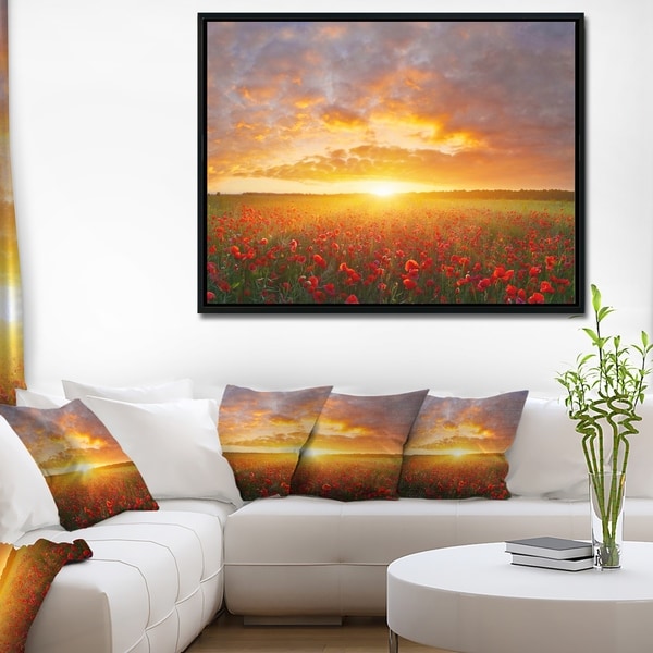 Designart 'Poppy Field under Bright Sunset' Landscape Framed Canvas Art Print