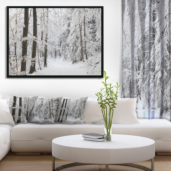 Designart 'Dense Winter Forest and Lane' Large Forest Framed Canvas Art Print
