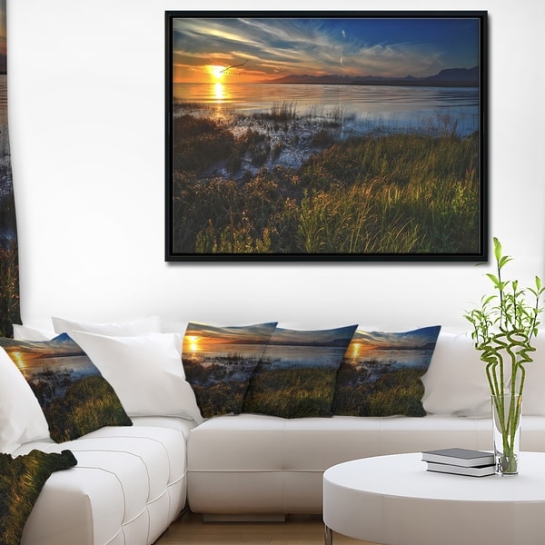 Designart 'Warm River Sunset With Migrating Geese' Extra Large Landscape Framed Canvas Art Print