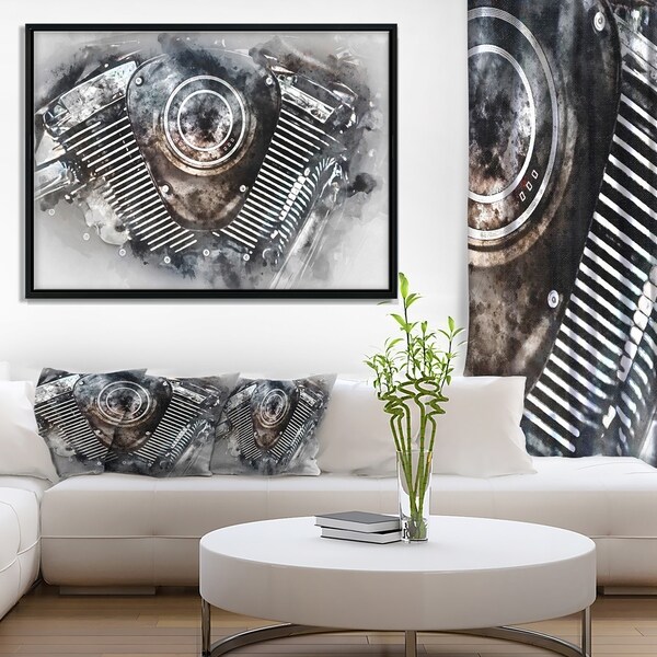 Designart 'Motorcycle Engine Watercolor' Contemporary Framed Canvas Art Print