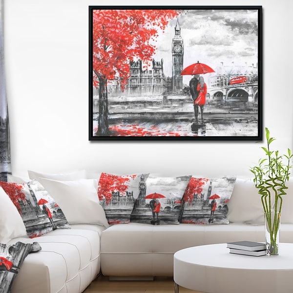 Designart 'Couples Walking in London' Landscape Framed Canvas Art Print