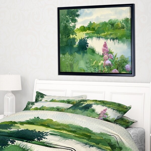 Designart 'Green Riverside Land Watercolor' Landscape Framed Canvas Art Print