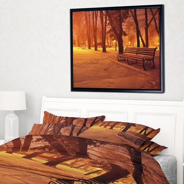 Designart 'Snow Covered Benches in Evening' Landscape Framed Canvas Art Print