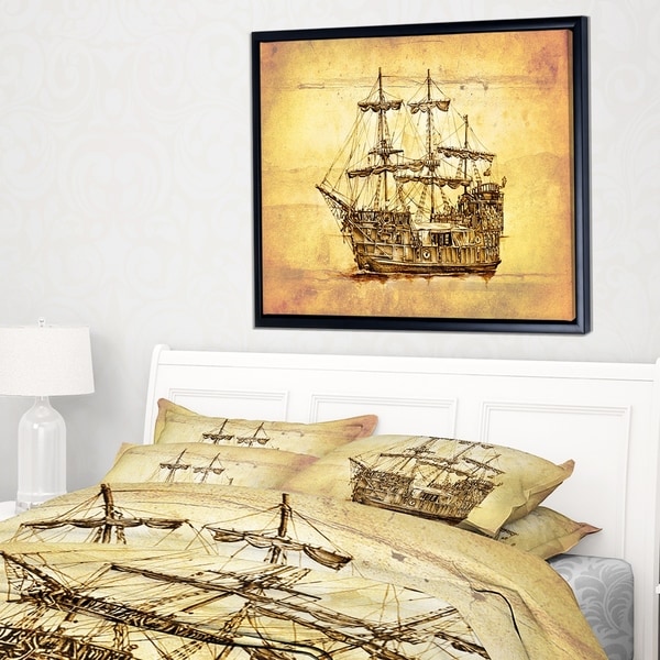 Designart 'Brown Ancient Moving Boat' Seashore Wall Art on Framed Canvas
