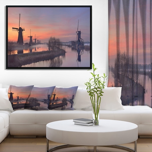 Designart 'Windmills at Sunrise Panorama' Landscape Framed Canvas Art Print