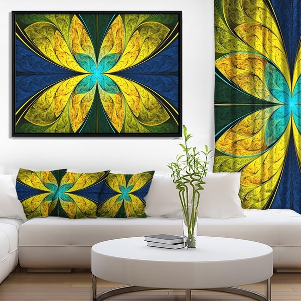 Designart 'Bright Yellow Blue Fractal Flower' Floral Framed Canvas Art Print