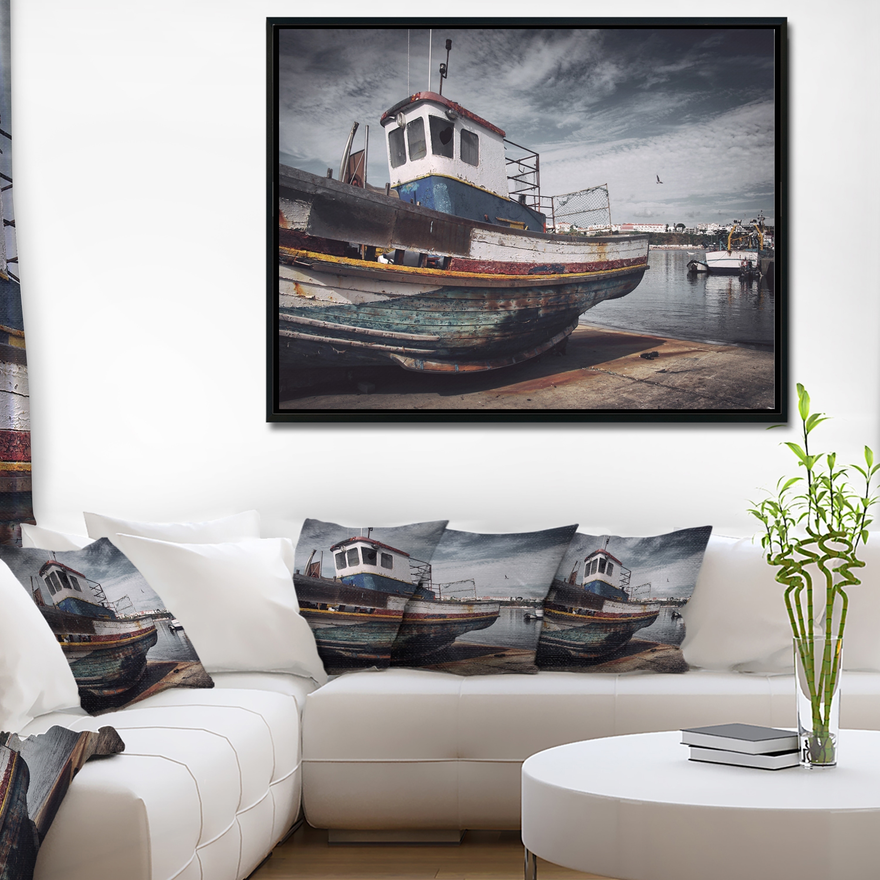 Designart Old Fishing Boat Boat Framed Canvas Art Print