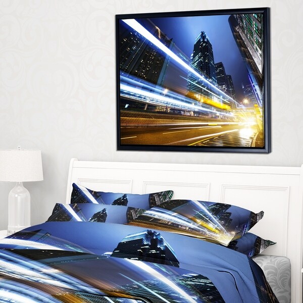 Designart 'Traffic In Hong Kong at Night' Cityscape Framed Canvas Art Print