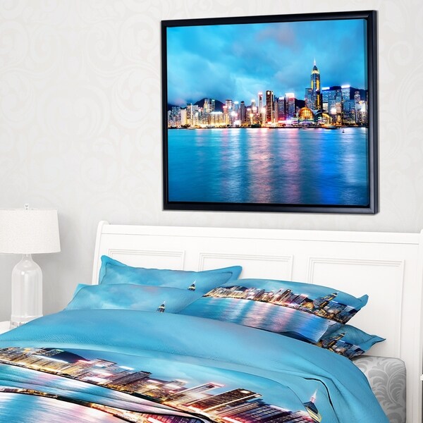 Designart 'Colorful Hong Kong at Night' Cityscape Framed Canvas Art Print