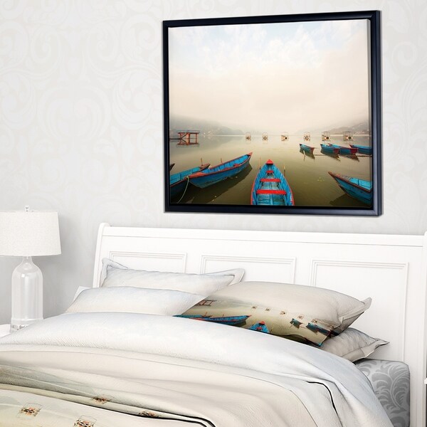 Designart 'Moving Boats in Mountain Lake' Boat Framed Canvas Art Print