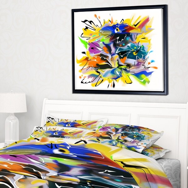 Designart 'Yellow Blue Abstract Floral Design' Extra Large Floral Framed Canvas Art