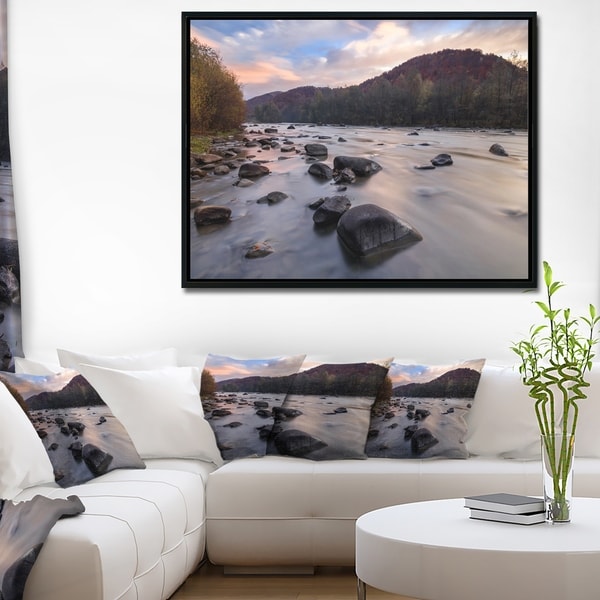 Designart 'Rocky Mountain River in Autumn' Seashore Wall Art on Framed Canvas