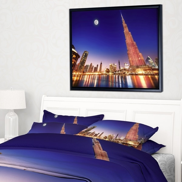 Designart 'Burj Khalifa Night Landscape' Cityscape Framed Canvas Art Print