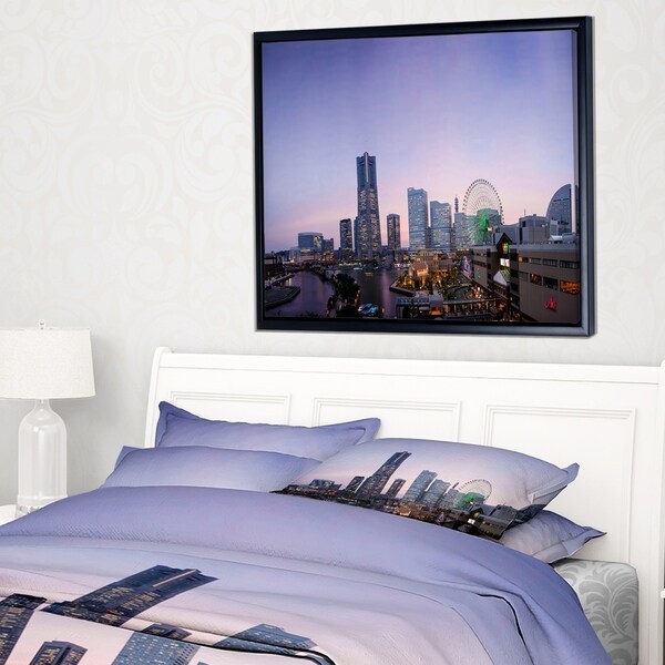 Designart 'Minato Mirai Yokohama at Twilight' Cityscape Framed Canvas Art Print